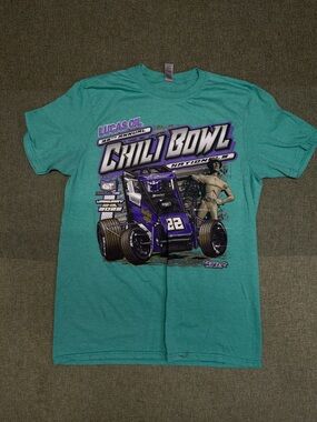 Gildan Teal Graphic Racing Tee with Purple Accents